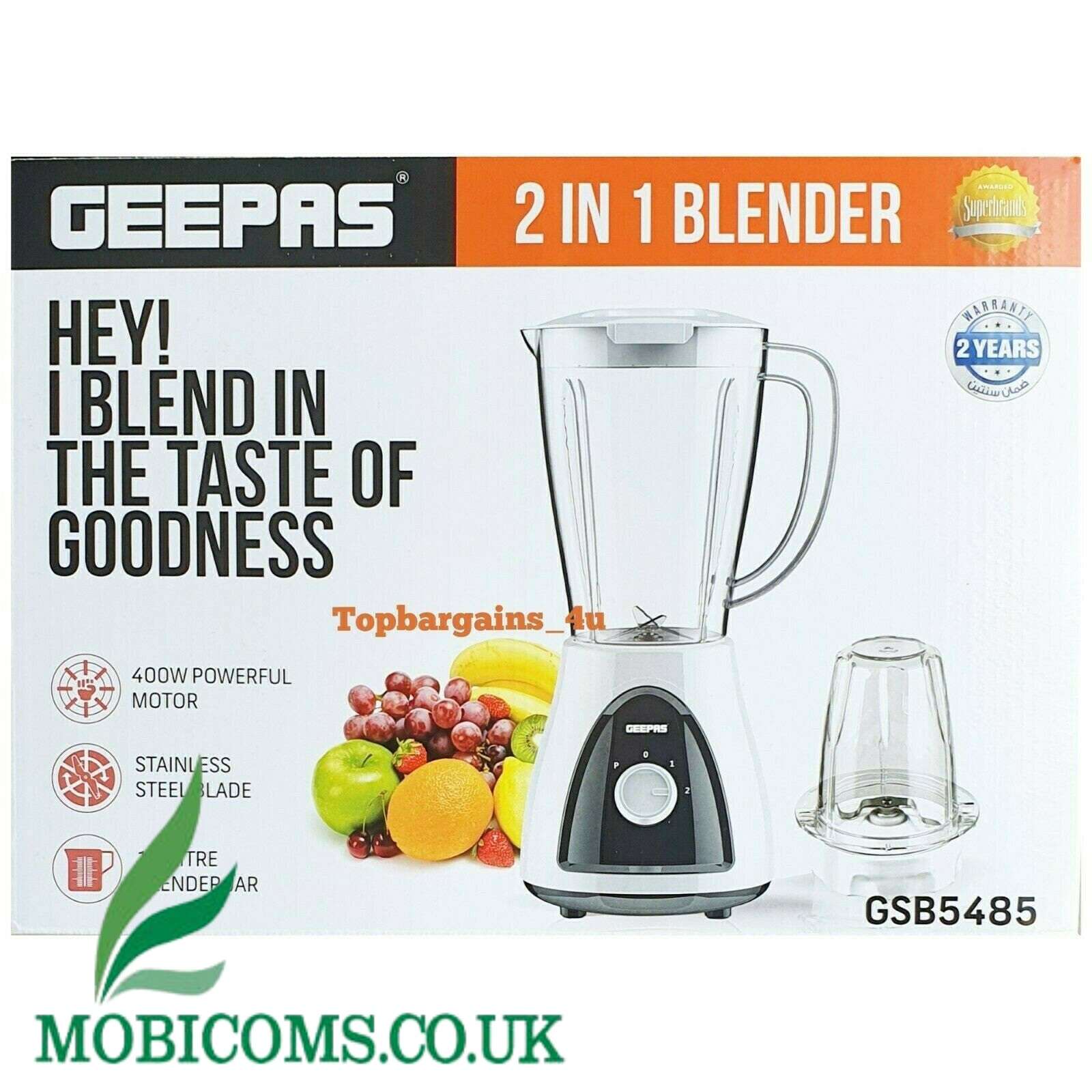 Geepas 2 in 1 Plastic Jar Blender with StainlessSteel Blade 400W - 1.5L